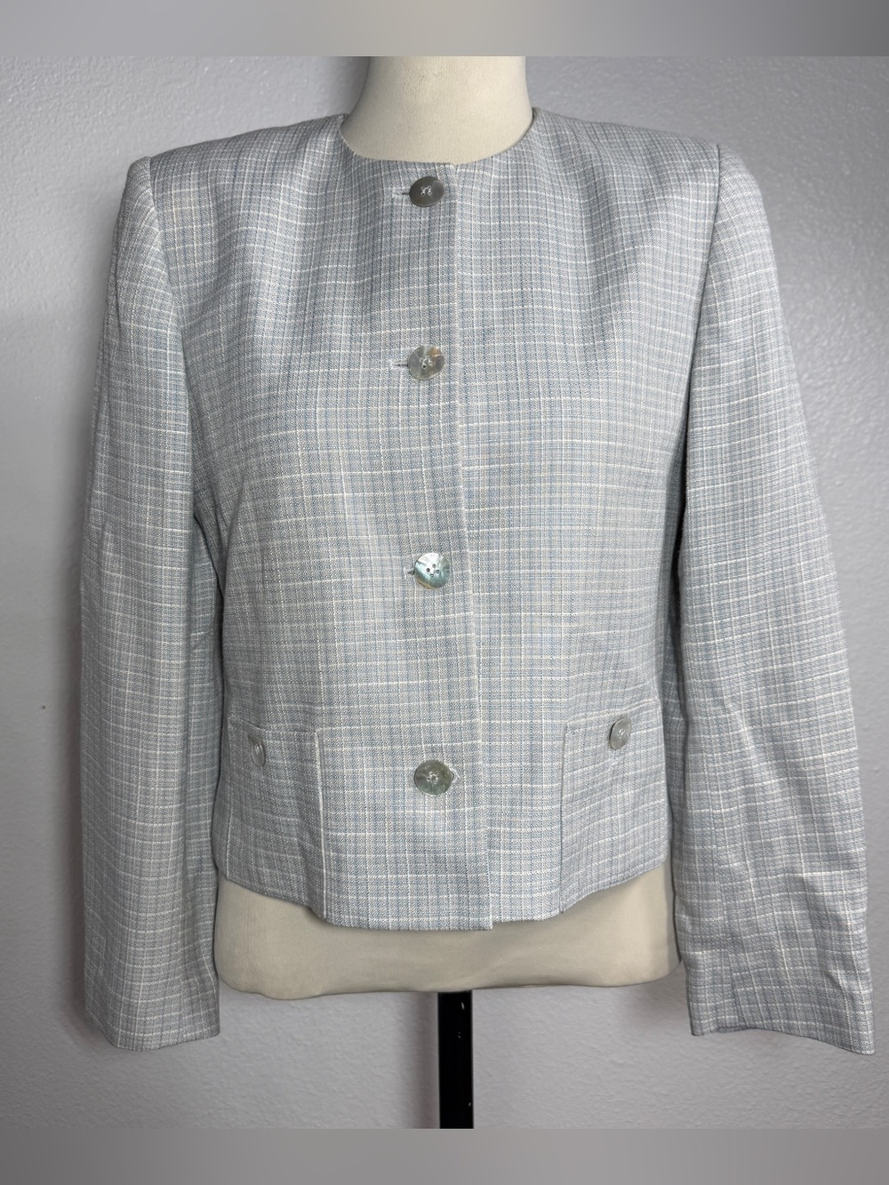 Vintage Petite Sophisticate Blue/White Plaid Blazer Jacket Rayon/Acetate 8P